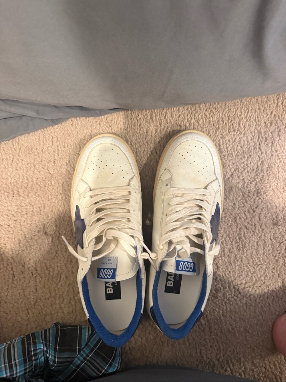 Golden Goose Cream Leather Sneakers with Blue Star and Heel